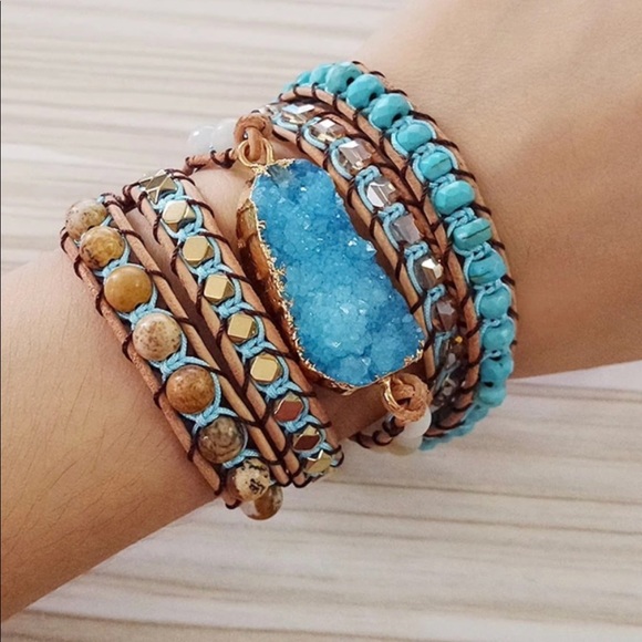 SOLD!! NEW, Druzy and Stones Leather Wrap Bracelet - Picture 3 of 7